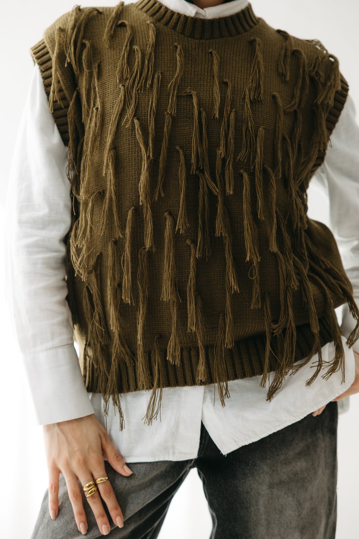Fringed up Vest in Olive