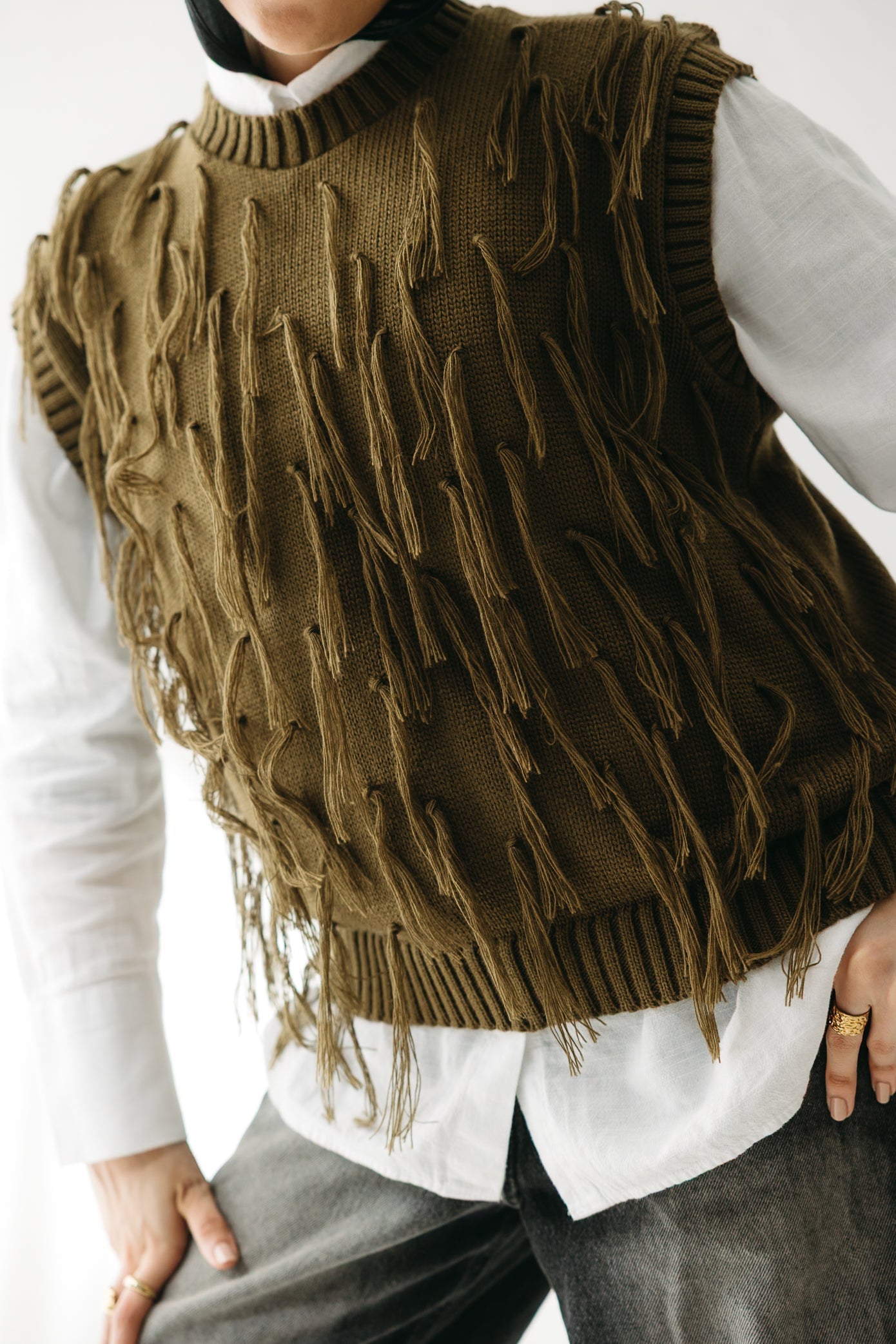 Fringed up Vest in Olive
