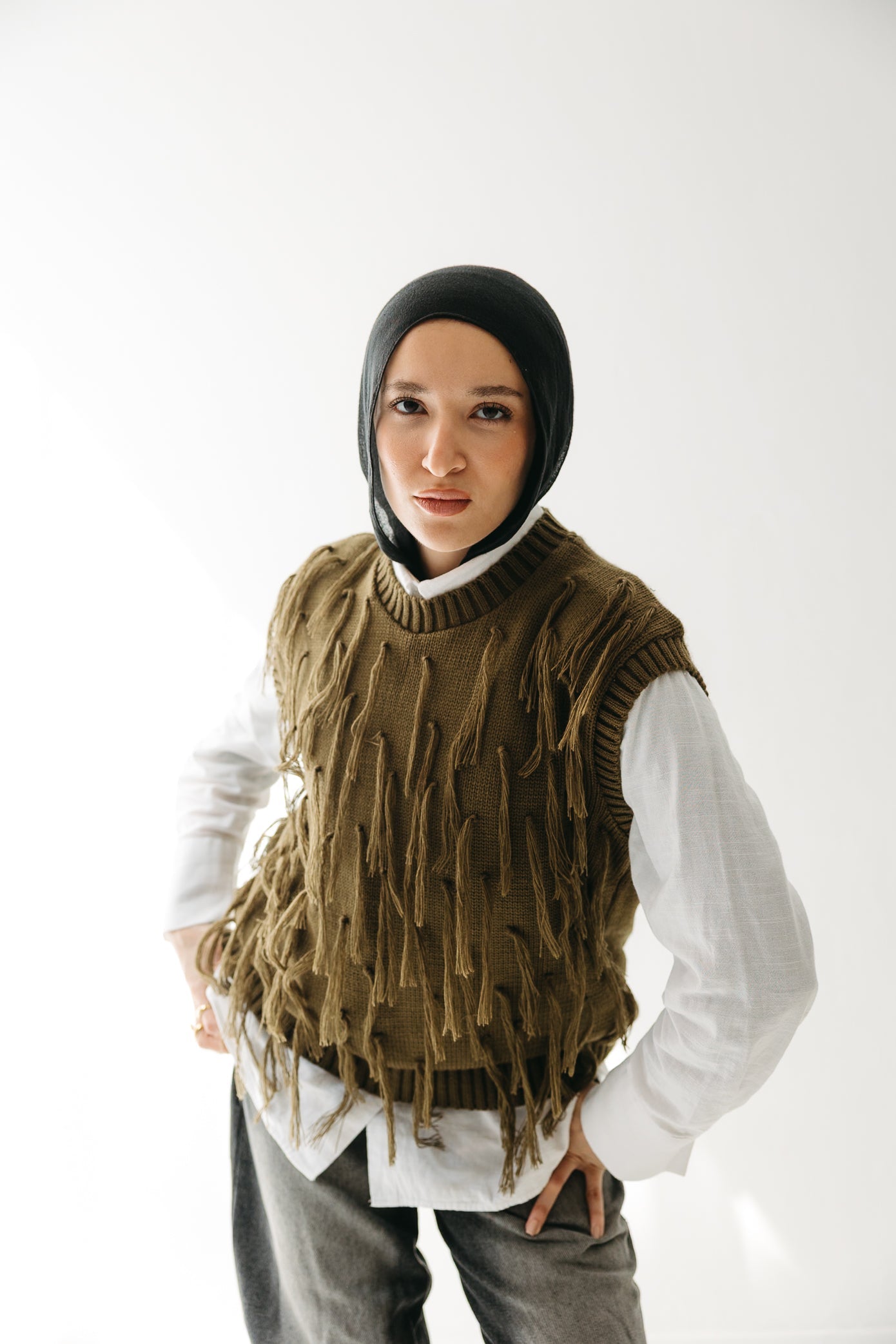 Fringed up Vest in Olive