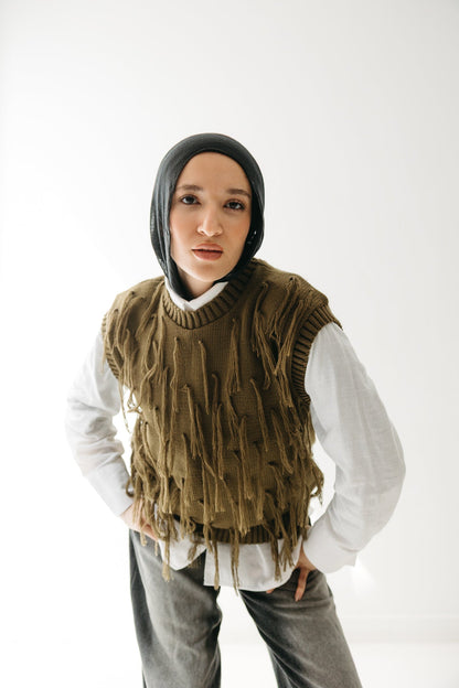 Fringed up Vest in Olive