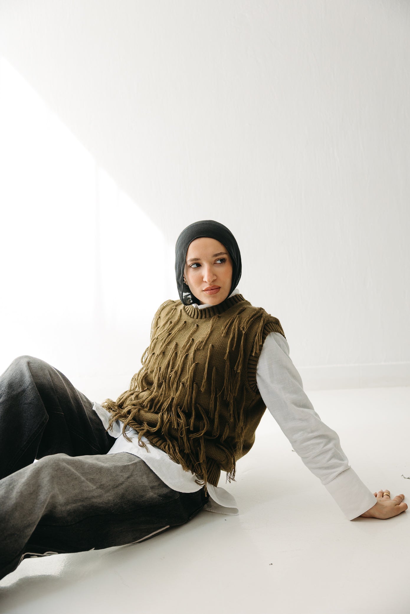 Fringed up Vest in Olive