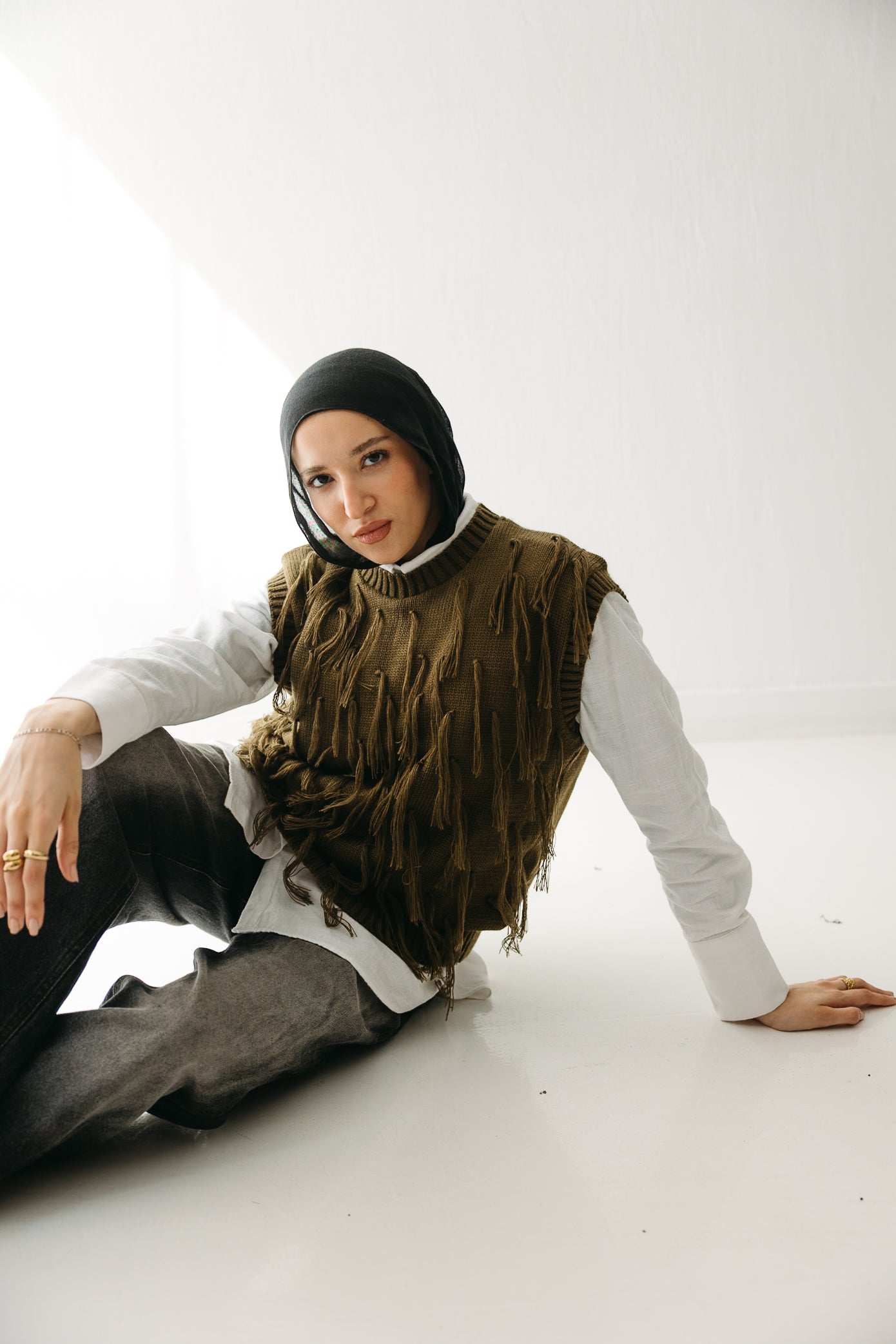 Fringed up Vest in Olive