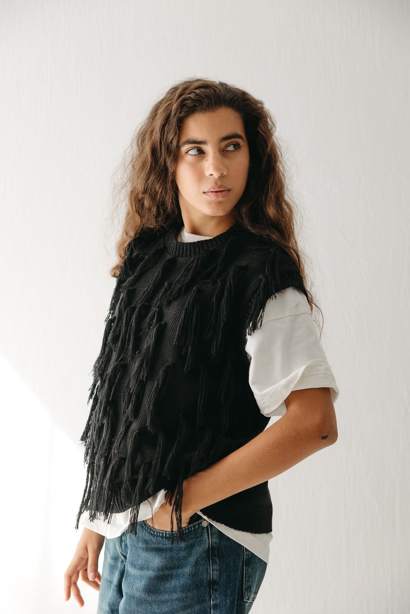 Fringed up Vest in Black