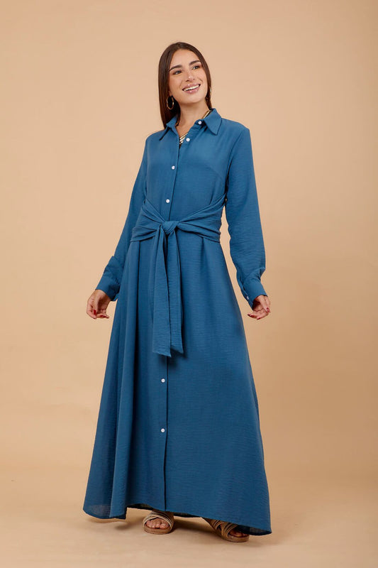 Teal Linen Tye Around Shirt Dress