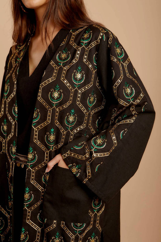 Black & Green Embroided Short Kimono